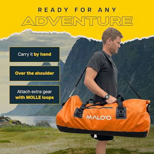 Malo’o Waterproof Dry Duffel, Heavy-Duty Roll Top Waterproof Gear Bag with Shoulder Strap & Molle Loops, Marine Duffel for Kayaking, Boating, Camping, Beach & Travel, Orange, 100L - color: Orange, size: 100L
