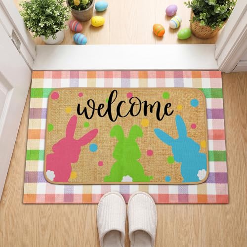 Tinideya 2 Pcs Easter Bunny Doormats Welcome Outdoor Spring Rabbit Door Mats Layered Front Door Rugs Non Slip Floor Mats for Porch Entryway Outdoor - size: 16 x 28 Inch,24 x 35 Inch, style: Bunny