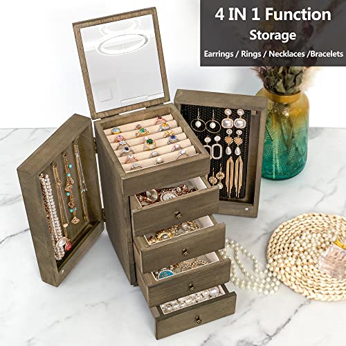 Meangood Jewelry Box Wood for Women, 5-Layer Large Organizer Box with Mirror & 4 Drawers for Rings, Earrings, Necklaces, Vintage Style, Weathered Grey - color: 5 Layer Weathered Grey, size: 5 Layer