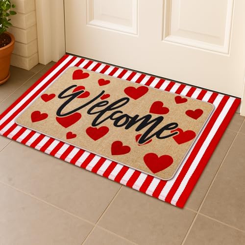 Tinideya 2 Pcs Valentine's Day Doormats Welcome Outdoor Red Heart Door Mats Layered Front Door Rugs Non Slip Floor Mats for Porch Entryway Outdoor - size: 16 x 28 Inch,24 x 35 Inch, style: Heart
