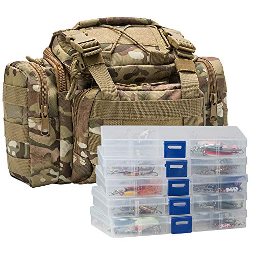 Dr.Fish Fishing Tackle Bag 5 Boxes with 60 Lures Included Loaded Stocked Tackle Box Set Spinner Lures Kit Freshwater Gear Equipment - color: Camo Bag, 11.4*4.9*7.9’'
