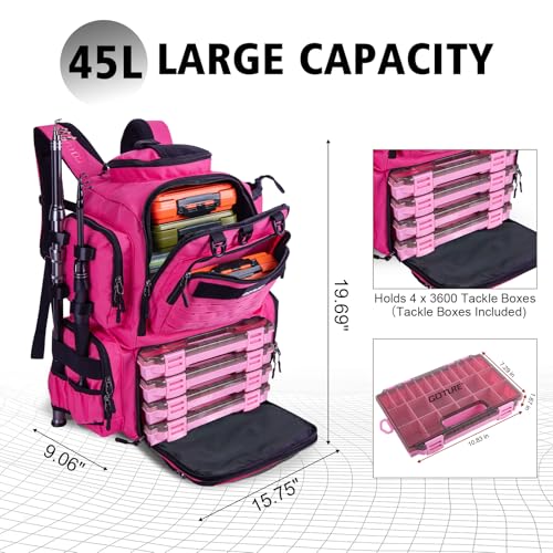 Goture Fishing Backpack with 4 Tackle Boxes,900D Water-Resistant Tackle Backpack with Rod Holders,45L Large Fishing Bag Storage Gear Tackle Bag with Rain Cover,Bottle Holder for Travel Camping Hiking - color: A3:pink With 4 Tackle Boxes