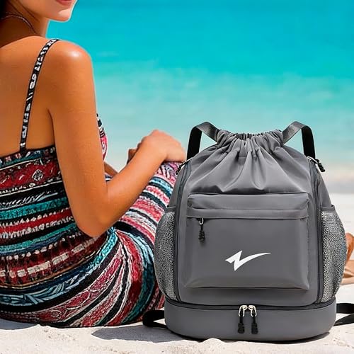 Sport Drawstring Backpack, Gym Bag with Mesh Side Pockets and Separate Shoe Compartment, Water-Resistant (Khaki) - color: Khaki