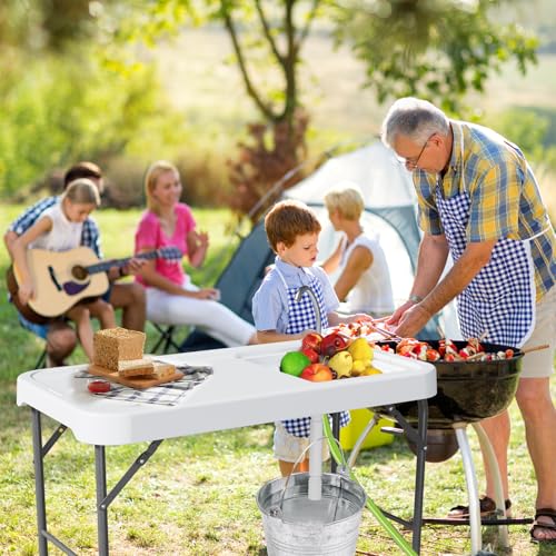Folding Fish Cleaning Table with Sink, Portable Camping Sink Table with Measure Mark, Drainage Hose and Knife Groove, Outdoor Fish Fillet Cleaning Station for Picnic Fishing, White