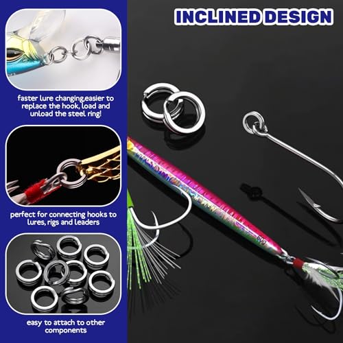 5 Sizes Fishing Split Rings Assortment Kit Stainless Steel Double Flat Lure Tackle Connector 30lb to 120lb Test for Trolling Jigging Offshore