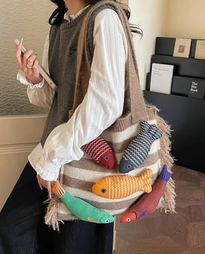 Knitted Beach Shoulder Bag for Women 3D Fish Bohemian Tote Versatile Purse Soft Hobo Handbag for Summer Vacation 2026 - color: C White