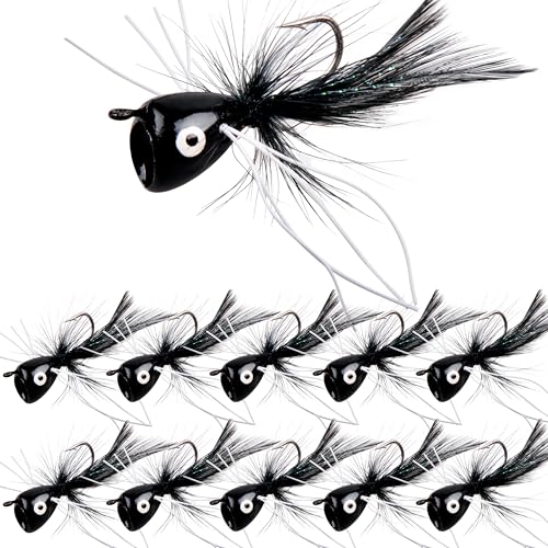 Fly Fishing Popper Lures Kit,Bass Poppers Flies Dry Fly Fishing Flies Panfish Bluegill Popper Bait Bug with Hooks for Freshwater - color: Black-10pcs