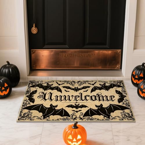 Unwelcome Halloween Doormat Outdoor Indoor Entrance Black Bat Doormat Front Back Door Welcome Door Mat Entryway Floor Mat Inside Outside Non Slip Carpet Porch Hallway Rug Housewarming Gift - color: Halloween