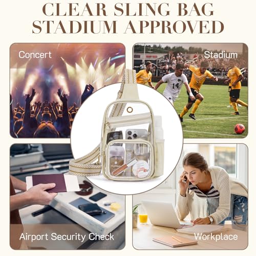 Missnine Clear Bag for Stadium Events Clear Sling Bag Fanny Pack Crossbody Purse for Sport Concert with Side Mesh Pocket - color: D-khaki[side Pocket]