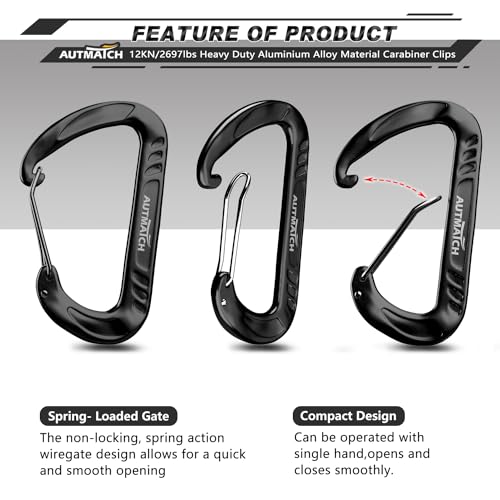 AUTMATCH Carabiner Clips, 3" Spring Snap Hook Caribeener Clips Buckle Pack Grade Heavy Duty Carabiners Quick Link for Camping, Fishing, Hiking, Traveling, 4 Pack - style: Aluminium Alloy 12KN - Black