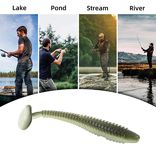 RUNCL Swimbaits Paddle 10/20/30/40PCS, 5/4/3/2 Inchs Paddle Tail, Soft Lure for Trout Crappie Bass, Durable Plastic Bait Swimmer for Saltwater/Freshwater, Fishing Lover's Gift - color: Green Shiner, size: 5in, 10pcs