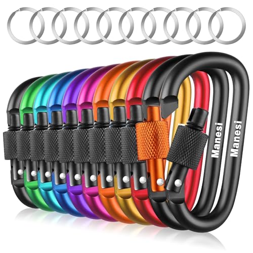 10 Pack 3Inch Aluminum D Ring Key Rings Hiking Clips Locking Carabiner for Hiking Camping Fishing and Outdoor Use，Clips with Screw Gate Multicolored - color: Multi-Color