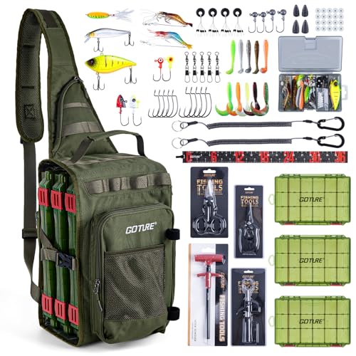 Goture OpenSide Fishing Sling Tackle Storage Bag with 3 Tackle Boxes and Tools, Lightweight Fishing Backpack Storge Gear - Green Bag Outdoor,Gift for men - color: Green, size: Small bag with 3600 trays, style: Bag + Fishing Boxes + Black Fishing Tools + L