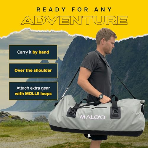 Malo’o Waterproof Dry Duffel, Heavy-Duty Roll Top Waterproof Gear Bag with Shoulder Strap & Molle Loops, Marine Duffel for Kayaking, Boating, Camping, Beach & Travel, Grey, 100L - color: Grey, size: 100L