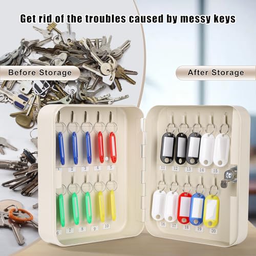 KYODOLED Key Box Wall Mount, Key Lock, 20 Hooks, Beige | 20 Key Rings & Tags, Durable Steel, Key Storage for Home, Office & Property Managers, Indoor Use, 3.14"D x 6.3"W x 7.87"H - color: Beige With Key Lock