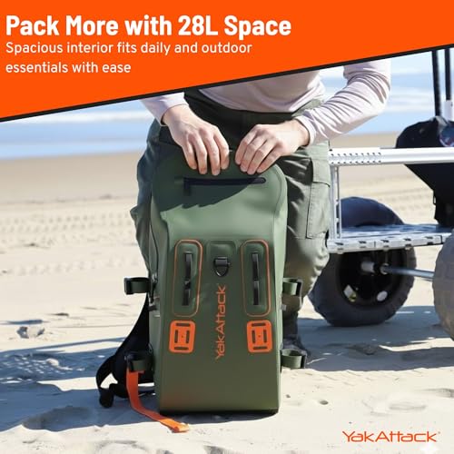 YakAttack 28L DryPak Waterproof Backpack - Green/Orange | Floating Marine Dry Bag Pack with Padded Straps for Kayaking, Fishing & Hiking | 10" x 22" x 12" | Lightweight Outdoor Gear & Storage Drybag - color: Green/Orange, style: Drypak