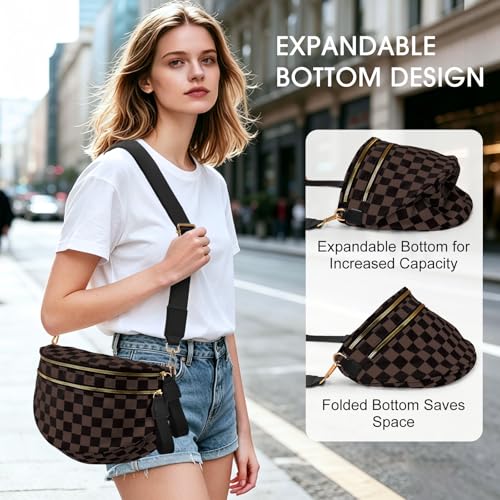 Checkered Nylon Crossbody Bag Bum Bag for Women Mom Large Checkered Fanny Packs with Adjustable Strap - color: Black Brown Checkered