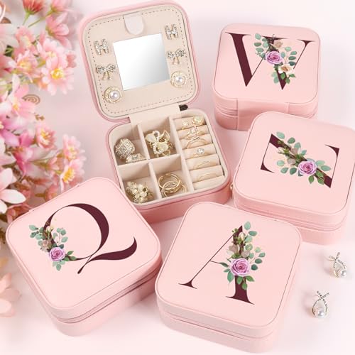 MFXIP Easter Basket Stuffers for Teens Essentials, Valentines Day Christmas Stocking Stuffers for Women Teen Girl Gifts Trendy Stuff Travel Jewelry Box Case Organizer Personalized Birthday Gifts - color: Initial Q Pink