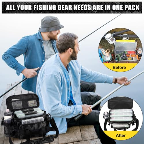 Fishing Tackle Bag with 3 Pcs 3600 Tackle Trays Expandable Soft Fishing Bag Waterproof Camouflage Gear Backpack Padded Shoulder Strap Angler Gear Storage Gifts for Fishermen(Gray) - color: Gray
