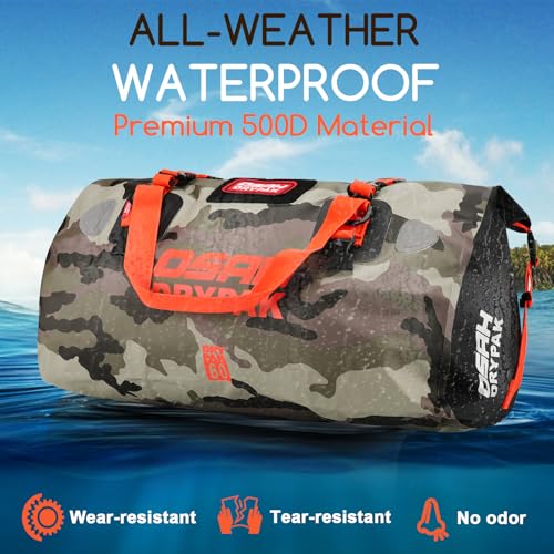 OSAH DRYPAK Waterproof Duffel Bag - Motorcycle Dry Bag Tail Bag with Large Storage Space, Waterproof Luggage Duffle Bags with Outer Mesh Zipper Pocket for Camping, Kayaking, Fishing & Traveling - color: Camouflage, size: 60L