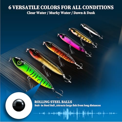 9KM Fishing Lures 6-Pack Popper Lure Set with Triple Hooks for Bass Top Water Lures Fishing Lures Bass