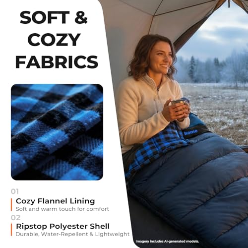 Cotton Flannel XXL Winter Sleeping Bags for Adults Big and Tall,Cold Weather 90x39 Inch Camping Sleep Bag,Waterproof Machine Washable 4 Season Outdoor Camping Gear,2-Way Zipper - color: Blue, size: 6.2lb(40-45℉)