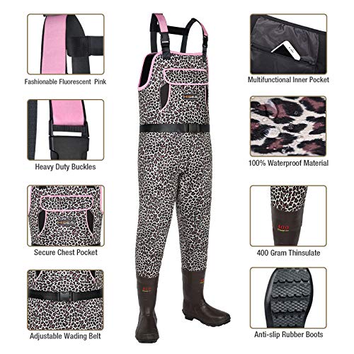 HISEA Womens Chest Waders, 4.5mm Neoprene Leopard Hunting Wader for Women with Insulated Boots, Waterproof Fishing Waders - color: Pink Leopard, size: 10