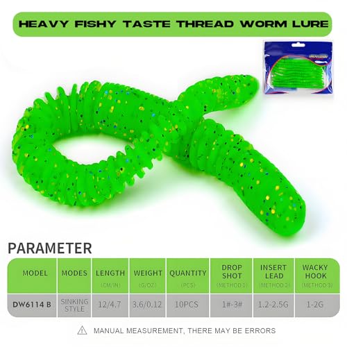 10Pcs/4.7'' Worms for Bait Bass Fishing, Soft Lures Plastic Noodle Wacky Worm Earthworm Silicone Threaded Bait for Ned rig, Fishing Lure Kit for Freshwater Saltwater - color: B