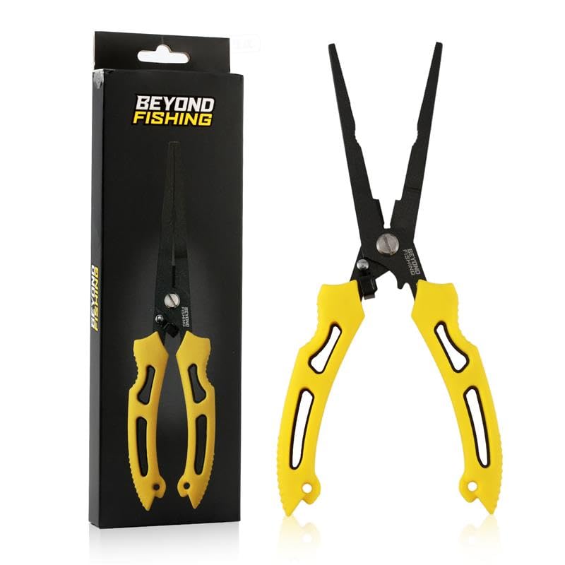 Beyond Fishing QuickRig Fishing Pliers – Multifunction Stainless Steel Split Ring Pliers for Fishing with Line Cutter & Crimper – Corrosion Resistant & Spring Loaded Design - color: 8.5" Long Nose - Yellow