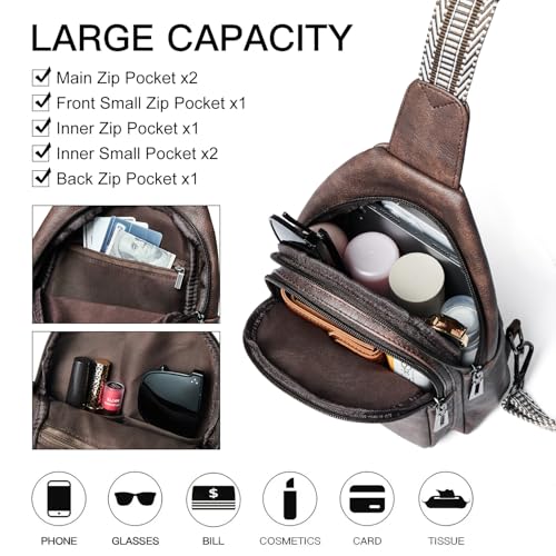 LATMAP 7L Sling Bag for Women Men Crossbody Belt Bag Small Travel Sling Backpack Anti Theft Chest Daypack Purse Faux Leather - color: Coffee