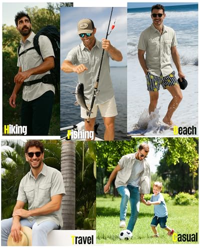 33,000ft Men's Fishing Shirts Lightweight Cool Quick Dry Sun Protection UV Short Sleeve Shirt for Casual Hiking Safari Travel - color: Khaki, size: Small