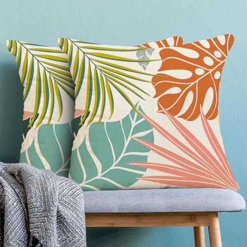 Summer Tropical Leaves Pillow Covers 16x16 Set of 2, Abstract Palm Leaf Outdoor Decorative Throw Pillows Geometric Cushion Case for Home Couch Sofa Decor - color: Summer Tropical Leaves, size: 16" x 16" (Pack of 1)