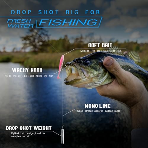 Narcissus Drop Shot Rig Kit with Soft Plastic Baits – 10 Pre-Tied Rigs with Wacky Hooks (1#, 2#, 3#) & Sinkers (1/8–3/8 oz), 10 Lures Included – Swimbaits & Grubs for Bass, Perch, Trout Fishing