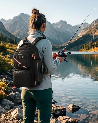 MATEIN Fishing Sling Bag with Lure Rod Holder & Phone Pouch, Waterproof 3600 Tackle Box Backpack with Removable Bait Binder - color: Black-pink