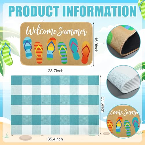 Tinideya 2 Pcs Summer Door Mat Outdoor Flip Flop Welcome Doormat Linen Rubber Layered Beach Rug Non Slip Coastal Blue and White Plaid Rug Farmhouse Summer Decor for Front Porch Entryway Outside - size: 16 x 28 Inch,24 x 35 Inch, style: Welcome Flip Flops