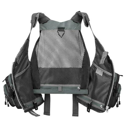 Gonex Fly Fishing Vest for Men Women, Comfortable Adjustable Fishing Vest with Multi-Pockets Reflective Stripes - color: Gray+black