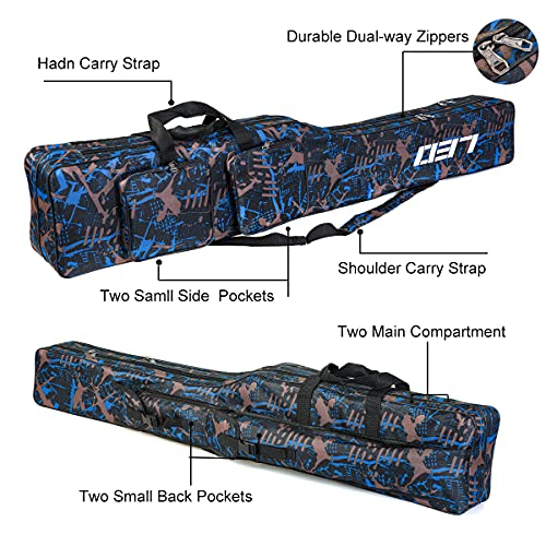 LEOFISHING Fishing Tackle Storage Bag 130cm/4.27ft Portable Fishing Rod Reel Organizer Fishing Pole Gear Tool Cases Carrier Two Layer Durable Oxford Large Capacity Travel Fishing Cover Bag 5 Color (Blue Camouflage) - color: Blue Camouflage