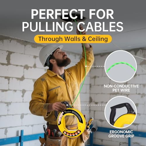 Non-Conductive Fish Tape Wire Puller 150 FT x 4.5 mm with Gloves and 7 Adapters, Flexible PET Wire Fishing Tools for Walls and Electrical Conduit, Rust-Proof - size: 150Ft kit