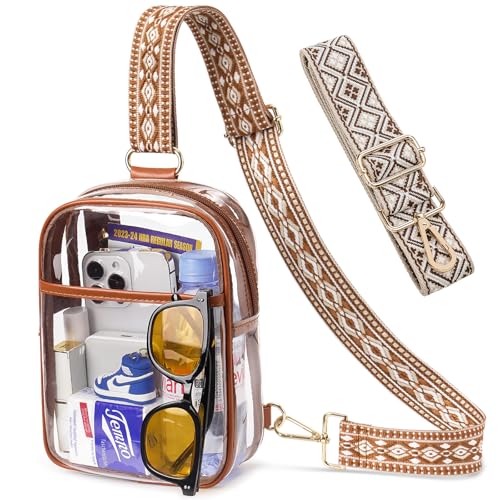 3 Pockets Clear Bag for Stadium Events with 2 Long Straps Sling Backpack Fanny Pack Concert Crossbody Purses for Women - color: 1# Brown-a, style: Style 1