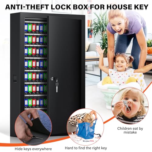 Nebakne 225 Keys Key Lock Box Wall Mount with Additional 16 Side Hooks and Key Tags, Anti-Theft Key Box Key Cabinet with Side Opening, Key Organizer Key Safe for Home Office Garage Rental Business - color: Black, size: 241 Key Hook