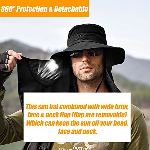 Fishing Hat for Men & Women, Outdoor UV Sun Protection Wide Brim Hat with Face Cover & Neck Flap - color: Black