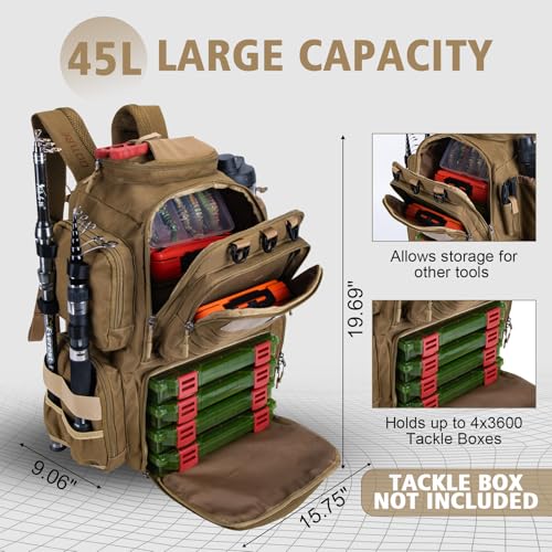Goture Fishing Backpack,900D Water-Resistant Tackle Backpack with Rod Holders,45L Large Fishing Bag Storage Gear Tackle Bag with Rain Cover,Bottle Holder for Travel Camping Hiking(Without Tackle Box) - color: 45L Khaki with Bottle Holder
