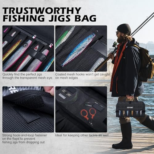 Goture Fishing Jig Bag,20 Mesh Pockets Portable Water-Resistant 600D PU Fishinig Lure Bag Saltwater Freshwater Suitable For Max 5.7" Length Vertical Jig Slow Pitch Jigging Bait Storage (12.99"x7.09") - color: A:12.99”x7.09”