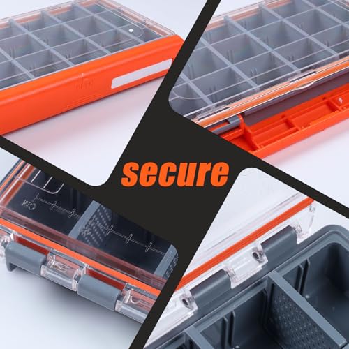 Tackle Box with Adjustable Dividers, Waterproof Fishing Lure Tackle Organizer Box for Hooks Baits, Rustproof Clear Lid Plastic Bait Box for Saltwater Freshwater Fishing Accessories (Orange, S) - color: Orange, size: S