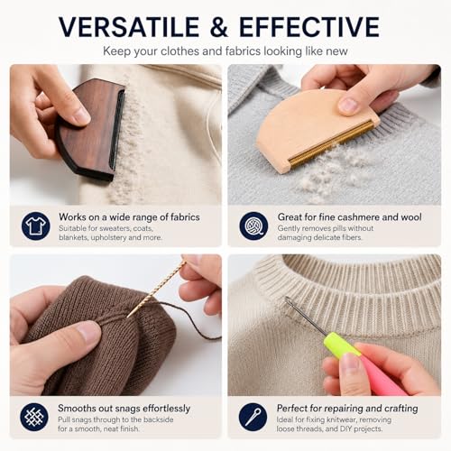 Cashmere Combs, Sweater De-Pilling Tool, Pill Remover, Include Wool Comb, Snag Repair Needles and Latch Hooks, Complete Garment Repair Kit