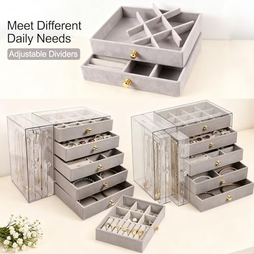 Greenfeather Jewelry Organizer and Storage with 7 Removable Drawers, Clear Acrylic Jewelry Box with 16 Necklace Hooks 48 Pairs of Earring Holes 5 Velvet-Lined Drawers for Rings Bracelets Necklaces - color: Gray-Style B