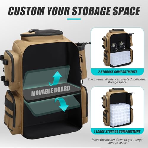 Tactical Fishing Backpack with Tackle Boxes, Rod Holders & Bottle Holder, 50 L Large Insulated Fishing Tackle Box Backpack with Cooler, Fishing Bag Store Gear & Equipment, 900 D Oxford, Brown - color: Brown
