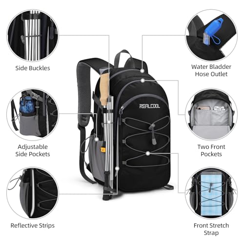 RealCool 30L Lightweight Hiking Backpack, Waterproof Daypack for Camping | 210D tear-resistant nylon, breathable shoulder and back panel, Multi-Compartment,hydration system,reflective strip,bungee net - color: Black, size: 30L
