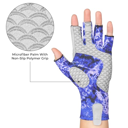 KastKing La Sal Fishing Gloves UPF50+ Sun Gloves UV Protection Fingerless Gloves Men Women for Outdoor, Kayaking, Rowing, Paddling, Canoeing, Hunting - color: E: Boulder Camo Royale, size: Large-X-Large