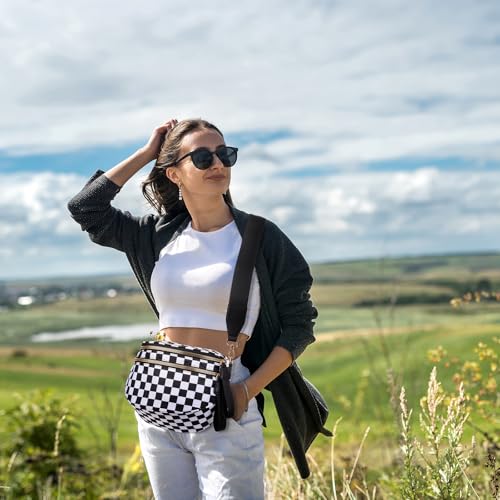 Pure Colour Crossbody Bum Bags for Women Spacious Checkered Cross body Bag Nylon Trendy Fanny Pack for Travel - color: Black and White Checkered
